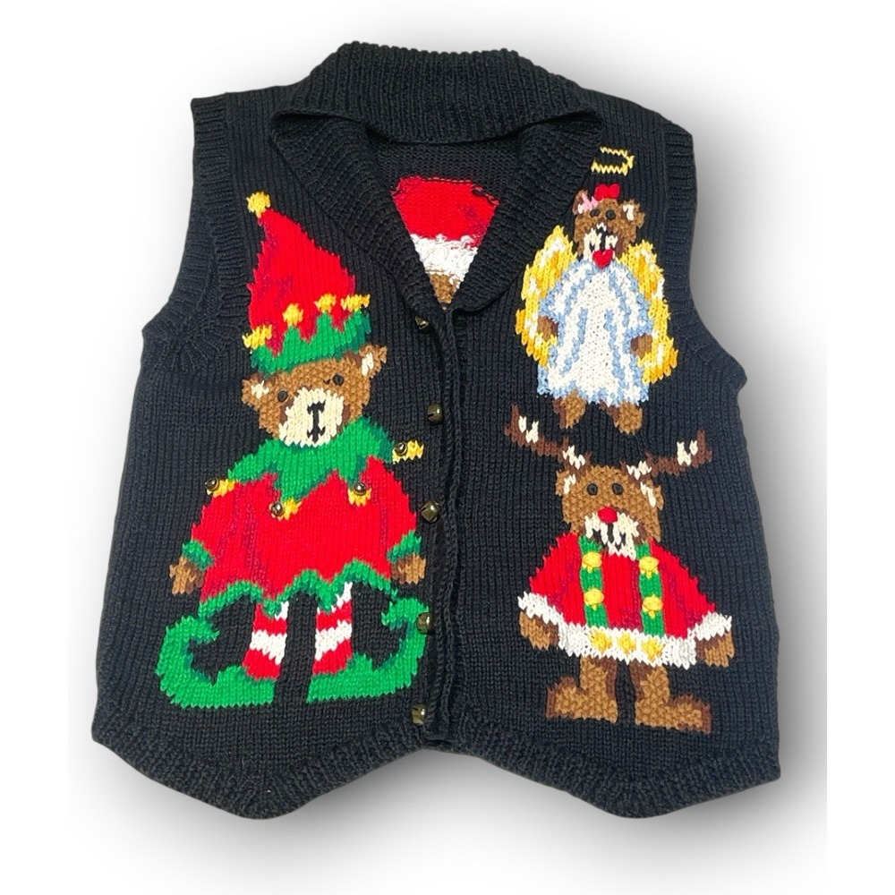 Vintage Eagles Eye 1994 Hand Knit Christmas Sweater Vest Teddy Bear Santa Sz M